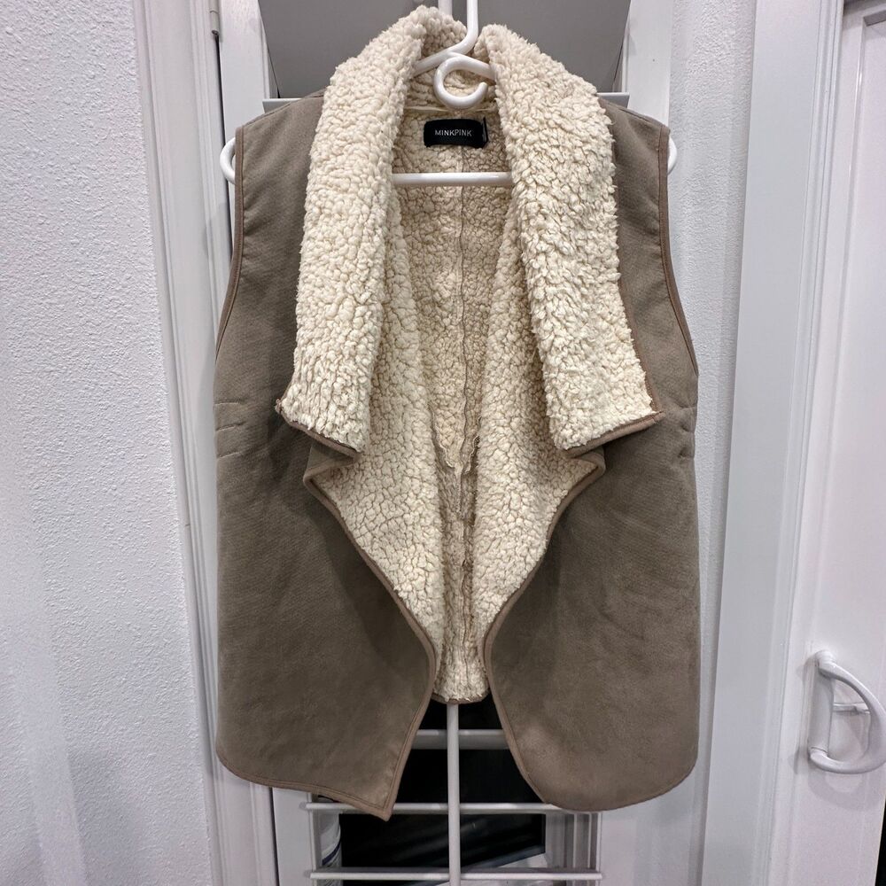 Boho Tan Faux Suede Sherpa Lined Open Front Vest Size Small